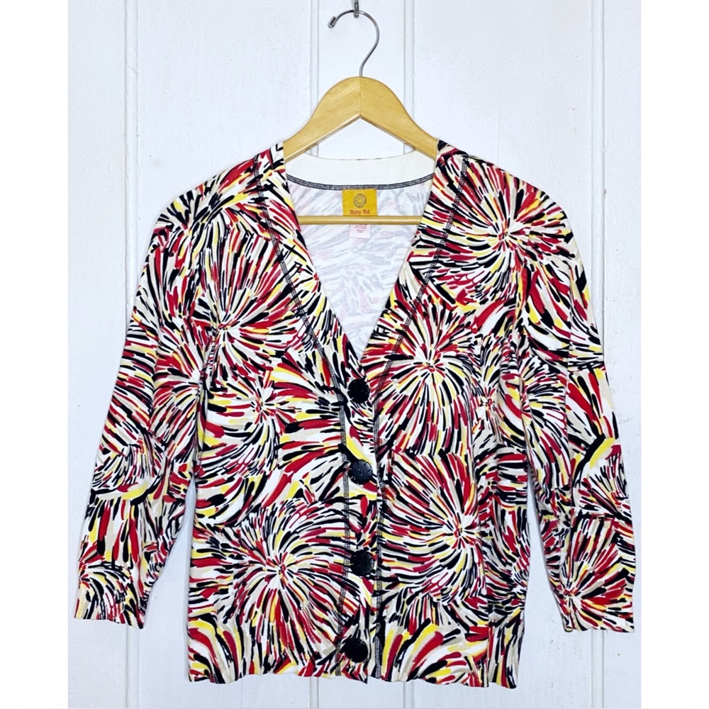 Ruby Rd. : size : L : red colorful print 3/4 sleeve v-neck button-up cardigan